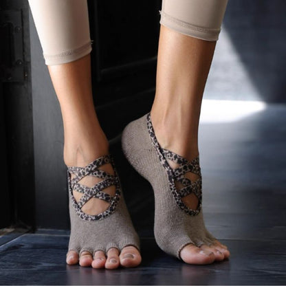 Half Toe Untamed Low Rise Grip Socks-brown Leopard 1