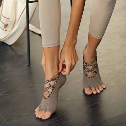 Half Toe Untamed Low Rise Grip Socks-brown Leopard 2